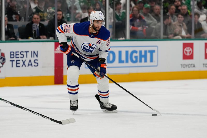 Feb 17, 2024; Dallas, Texas, USA;  Edmonton Oilers defenseman Darnell Nurse (25) skates with the puck against the Dallas Stars during the first period at American Airlines Center. Mandatory Credit: Chris Jones-USA TODAY Sports