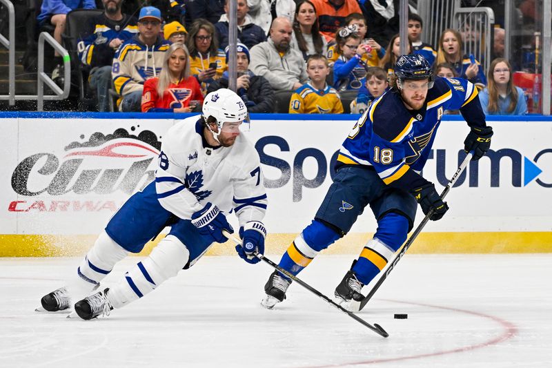 Feb 19, 2024; St. Louis, Missouri, USA;  St. Louis Blues center Robert Thomas (18) controls the puck against Toronto Maple Leafs defenseman TJ Brodie (78) during the second period at Enterprise Center. Mandatory Credit: Jeff Curry-USA TODAY Sports