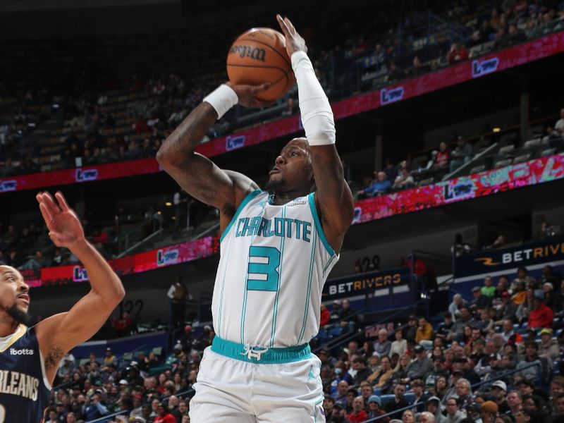 NEW ORLEANS, LA - JANUARY 17: Terry Rozier #3 of the Charlotte Hornets shoots the ball during the game against the New Orleans Pelicans on January 17, 2024 at the Smoothie King Center in New Orleans, Louisiana. NOTE TO USER: User expressly acknowledges and agrees that, by downloading and or using this Photograph, user is consenting to the terms and conditions of the Getty Images License Agreement. Mandatory Copyright Notice: Copyright 2024 NBAE (Photo by Layne Murdoch Jr./NBAE via Getty Images)