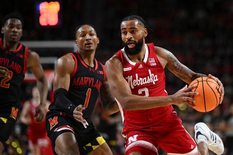 Jan 27, 2024; College Park, Maryland, USA; Nebraska Cornhuskers guard Brice Williams (3) makes a move to the basket on ]Maryland Terrapins guard Jahmir Young (1) during the first half  at Xfinity Center. Mandatory Credit: Tommy Gilligan-USA TODAY Sports