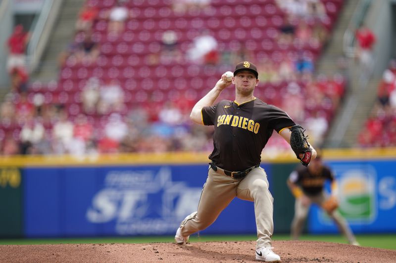 Jun 29, 2025; Cincinnati, Ohio, USA; San Diego Padres pitcher Stephen Kolek (32) throws a pitch in the first inning against the Cincinnati Reds at Great American Ball Park. Mandatory Credit: Frank Bowen IV/ The USAToday Network via Imagn Images