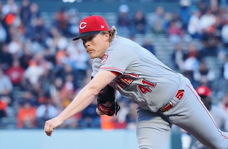 Aug 28, 2023; San Francisco, California, USA; Cincinnati Reds starting pitcher Andrew Abbott (41) pitches the ball against the San Francisco Giants during the first inning at Oracle Park. Mandatory Credit: Kelley L Cox-USA TODAY Sports