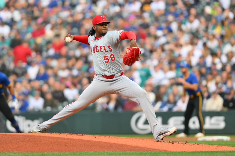 May 31, 2024; Seattle, Washington, USA; Los Angeles Angels starting pitcher Jose Soriano (59) pitches to the Seattle Mariners during the first inning at T-Mobile Park. Mandatory Credit: Steven Bisig-USA TODAY Sports