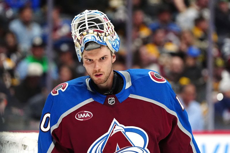 Oct 16, 2024; Denver, Colorado, USA; Colorado Avalanche goaltender Alexandar Georgiev (40) during the third period against the Boston Bruins at Ball Arena. Mandatory Credit: Ron Chenoy-Imagn Images