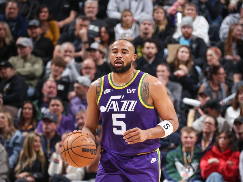 SALT LAKE CITY, UT - MARCH 12:  Talen Horton-Tucker #5 of the Utah Jazz handles the ball during the game  on March 12, 2024 at Delta Center in Salt Lake City, Utah. NOTE TO USER: User expressly acknowledges and agrees that, by downloading and or using this Photograph, User is consenting to the terms and conditions of the Getty Images License Agreement. Mandatory Copyright Notice: Copyright 2024 NBAE (Photo by Melissa Majchrzak/NBAE via Getty Images)