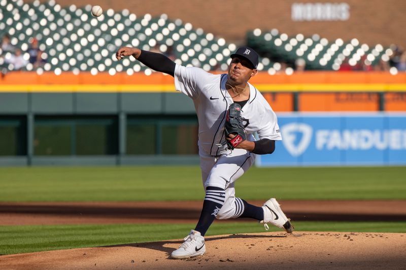 Jul 8, 2024; Detroit, Michigan, USA; Detroit Tigers starting pitcher Keider Montero (54) delivers in the first inning against the Cleveland Guardians at Comerica Park. Mandatory Credit: David Reginek-USA TODAY Sports