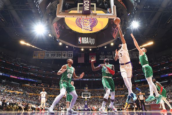 LOS ANGELES, CA - DECEMBER 25: Anthony Davis #3 of the Los Angeles Lakers drives to the basket during the game against the Boston Celtics on December 25, 2023 at Crypto.Com Arena in Los Angeles, California. NOTE TO USER: User expressly acknowledges and agrees that, by downloading and/or using this Photograph, user is consenting to the terms and conditions of the Getty Images License Agreement. Mandatory Copyright Notice: Copyright 2023 NBAE (Photo by Andrew D. Bernstein/NBAE via Getty Images)