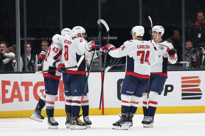 Nov 18, 2024; Salt Lake City, Utah, USA; Washington Capitals left wing Alex Ovechkin (8) celebrates a second goal against the Utah Hockey Club during the second period at Delta Center. Mandatory Credit: Rob Gray-Imagn Images
