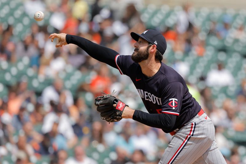 Aug 10, 2023; Detroit, Michigan, USA; Minnesota Twins relief pitcher Dylan Floro (58) pitches in the seventh inning against the Detroit Tigers at Comerica Park. Mandatory Credit: Rick Osentoski-USA TODAY Sports