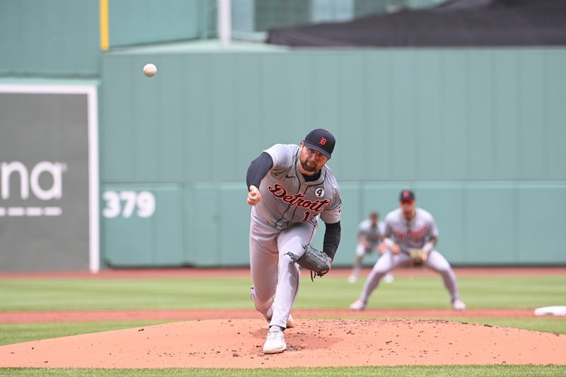 Jun 2, 2024; Boston, Massachusetts, USA;  Detroit Tigers starting pitcher Casey Mize (12) pitches against the Boston Red Sox during the first inning at Fenway Park. Mandatory Credit: Eric Canha-USA TODAY Sports