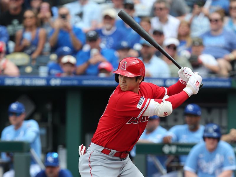 Jun 17, 2023; Kansas City, Missouri, USA; Los Angeles Angels designated hitter Shohei Ohtani (17) waits for a pitch during the first inning against the Kansas City Royals at Kauffman Stadium. Mandatory Credit: Scott Sewell-USA TODAY Sports