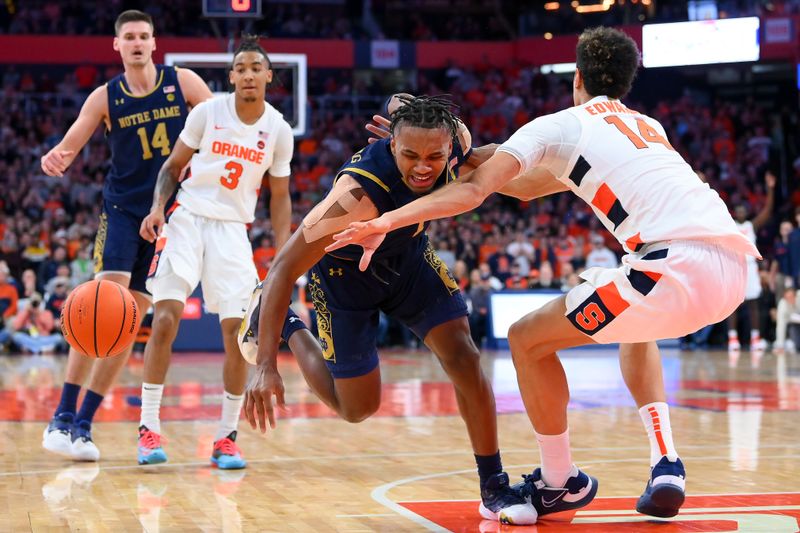 Jan 14, 2023; Syracuse, New York, USA; Notre Dame Fighting Irish guard J.J. Starling (1) collides with Syracuse Orange center Jesse Edwards (14) on a drive to the basket during the second half at the JMA Wireless Dome. Mandatory Credit: Rich Barnes-USA TODAY Sports