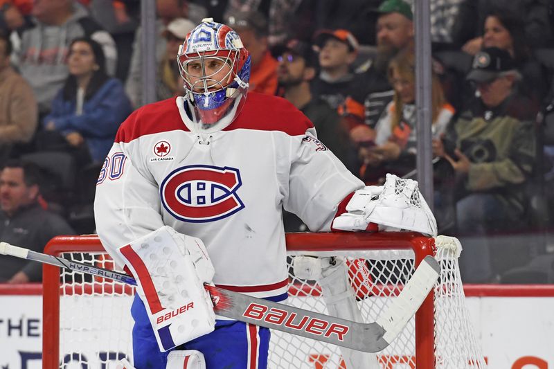 Oct 27, 2024; Philadelphia, Pennsylvania, USA; Montreal Canadiens goaltender Cayden Primeau (30) against the Philadelphia Flyers during the second period at Wells Fargo Center. Mandatory Credit: Eric Hartline-Imagn Images