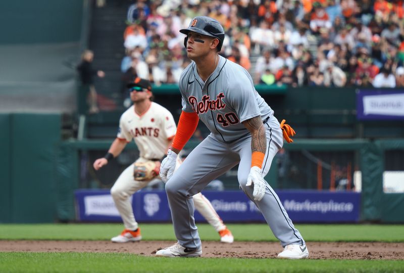 Aug 11, 2024; San Francisco, California, USA; Detroit Tigers first baseman Bligh Madris (40) takes a lead off first base against the San Francisco Giants during the third inning at Oracle Park. Mandatory Credit: Kelley L Cox-USA TODAY Sports