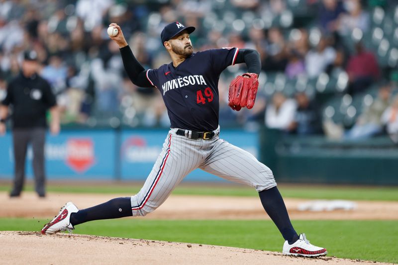 Sep 16, 2023; Chicago, Illinois, USA; Minnesota Twins starting pitcher Pablo Lopez (49) pitches against the Chicago White Sox during the first inning at Guaranteed Rate Field. Mandatory Credit: Kamil Krzaczynski-USA TODAY Sports