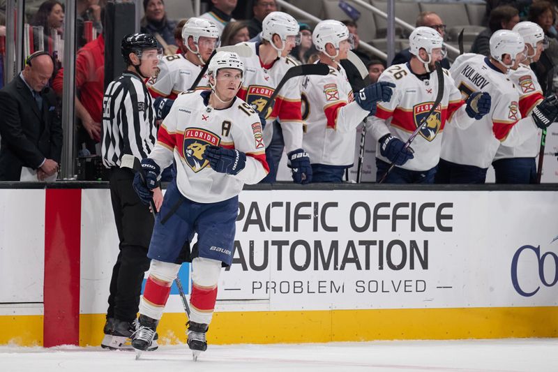 Jan 25, 2025; San Jose, California, USA; Florida Panthers left wing Matthew Tkachuk (19) celebrates with teammates after scoring a goal against the San Jose Sharks during the second period at SAP Center at San Jose. Mandatory Credit: Robert Edwards-Imagn Images