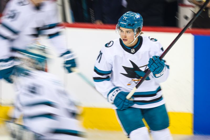 Nov 13, 2025; Calgary, Alberta, CAN; San Jose Sharks center Macklin Celebrini (71) skates during the warmup period against the Calgary Flames at Scotiabank Saddledome. Mandatory Credit: Sergei Belski-Imagn Images