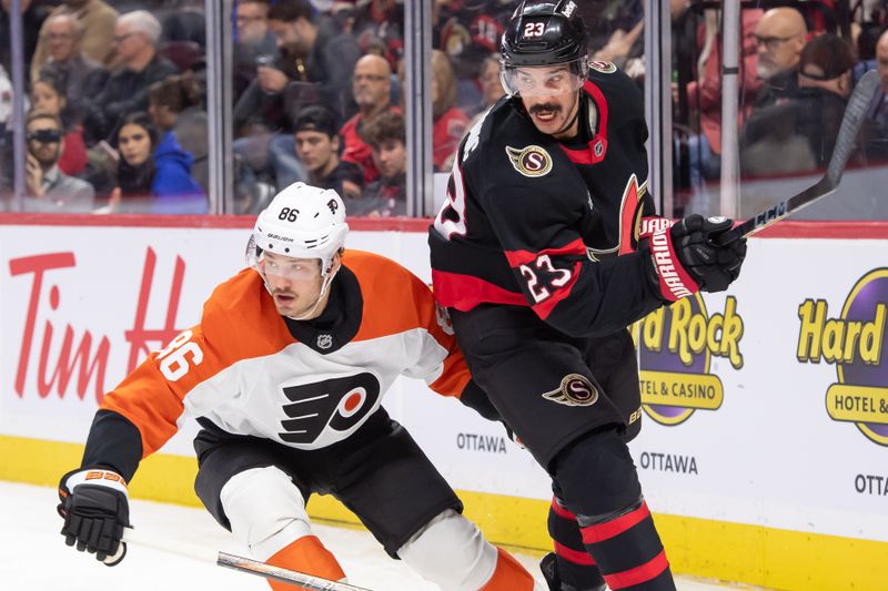 Nov 14, 2024; Ottawa, Ontario, CAN; Philadelphia Flyers left wing Joel Farabee (86) and Ottawa Senators defenseman Travis Hamonic (23) follow the puck in the second period at the Canadian Tire Centre. Mandatory Credit: Marc DesRosiers-Imagn Images