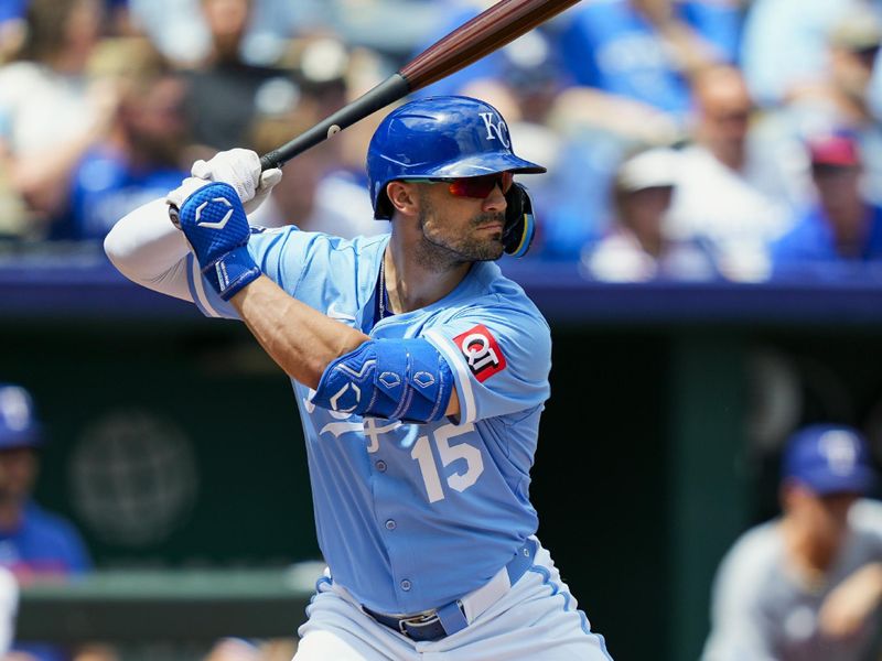 Aug 21, 2025; Kansas City, Missouri, USA; Kansas City Royals right fielder Randall Grichuk (15) bats during the first inning against the Texas Rangers at Kauffman Stadium. Mandatory Credit: Jay Biggerstaff-Imagn Images