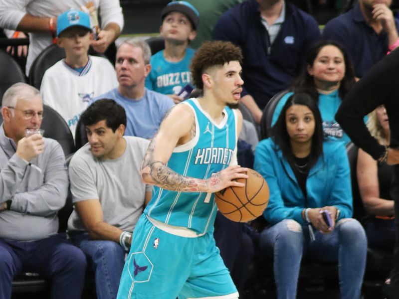 CHARLOTTE, NC - NOVEMBER 2: LaMelo Ball #1 of the Charlotte Hornets looks to pass the ball during the game against the Boston Celtics on November 2, 2024 at Spectrum Center in Charlotte, North Carolina. NOTE TO USER: User expressly acknowledges and agrees that, by downloading and or using this photograph, User is consenting to the terms and conditions of the Getty Images License Agreement.  Mandatory Copyright Notice:  Copyright 2024 NBAE (Photo by Brock Williams-Smith/NBAE via Getty Images)