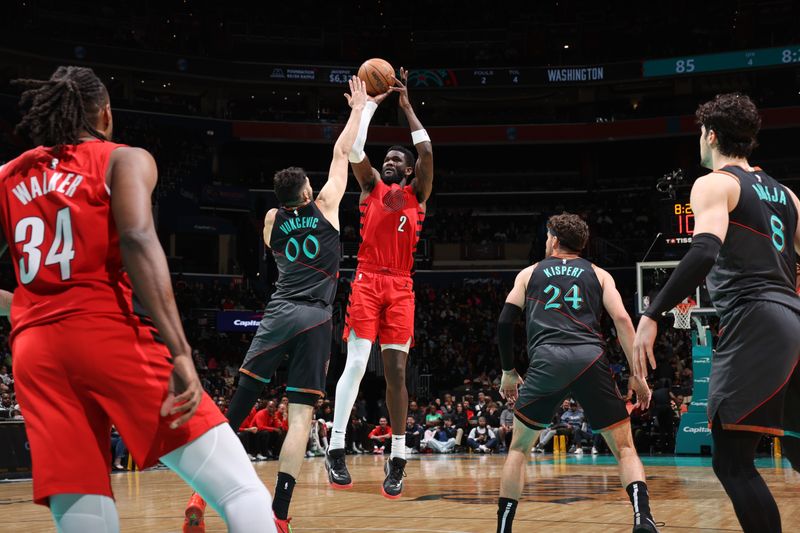 WASHINGTON, DC -? APRIL 5: Deandre Ayton #2 of the Portland Trail Blazers shoots the ball during the game against the Washington Wizards on April 5, 2024 at Capital One Arena in Washington, DC. NOTE TO USER: User expressly acknowledges and agrees that, by downloading and or using this Photograph, user is consenting to the terms and conditions of the Getty Images License Agreement. Mandatory Copyright Notice: Copyright 2024 NBAE (Photo by Stephen Gosling/NBAE via Getty Images)