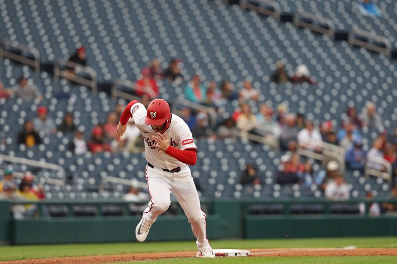 Sep 16, 2025; Washington, District of Columbia, USA; Washington Nationals third base Brady House (55) tags up at third base en route to score a run on a sacrifice fly by Washington Nationals shortstop CJ Abrams (not pictured) against the Atlanta Braves during the second inning at Nationals Park. Mandatory Credit: Geoff Burke-Imagn Images