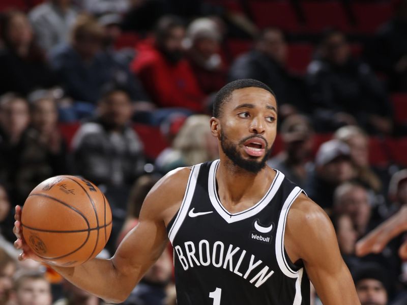 PORTLAND, OR - JANUARY 17: Mikal Bridges #1 of the Brooklyn Nets dribbles the ball during the game against the Portland Trail Blazers on January 17, 2024 at the Moda Center Arena in Portland, Oregon. NOTE TO USER: User expressly acknowledges and agrees that, by downloading and or using this photograph, user is consenting to the terms and conditions of the Getty Images License Agreement. Mandatory Copyright Notice: Copyright 2024 NBAE (Photo by Cameron Browne/NBAE via Getty Images)