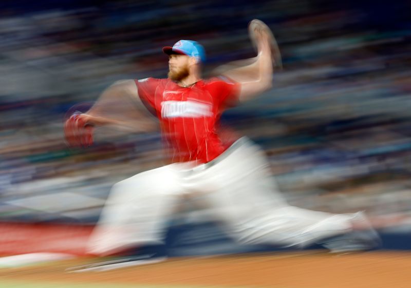 Jul 6, 2024; Miami, Florida, USA; Miami Marlins relief pitcher A.J. Puk (35) pitches against the Chicago White Sox during the eighth inning at loanDepot Park. Mandatory Credit: Rhona Wise-USA TODAY Sports