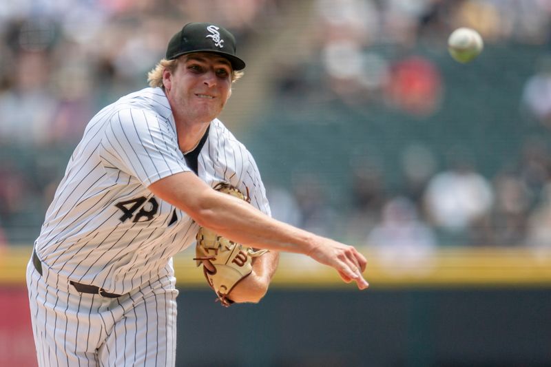 Jun 29, 2024; Chicago, Illinois, USA; Chicago White Sox starting pitcher Jonathan Cannon (48) pitches during the first inning against the Colorado Rockies at Guaranteed Rate Field. Mandatory Credit: Patrick Gorski-USA TODAY Sports