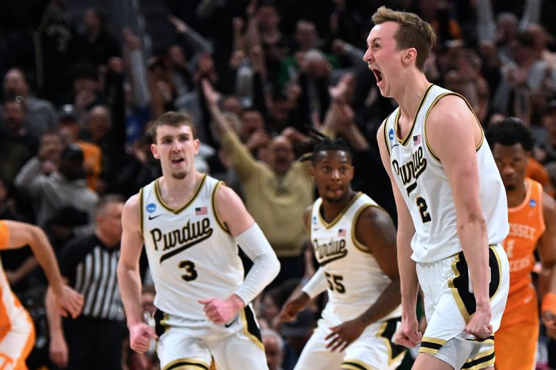 Mar 31, 2024; Detroit, MI, USA; Purdue Boilermakers guard Fletcher Loyer (2) celebrates in the second half against the Tennessee Volunteers during the NCAA Tournament Midwest Regional Championship at Little Caesars Arena. Mandatory Credit: Lon Horwedel-USA TODAY Sports