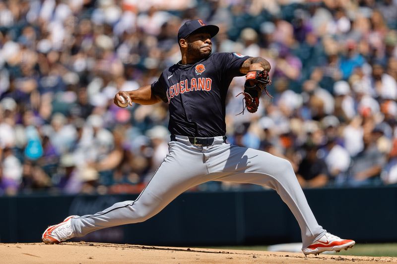 May 27, 2024; Denver, Colorado, USA; Cleveland Guardians starting pitcher Xzavion Curry (44) pitches in the first inning against the Colorado Rockies at Coors Field. Mandatory Credit: Isaiah J. Downing-USA TODAY Sports