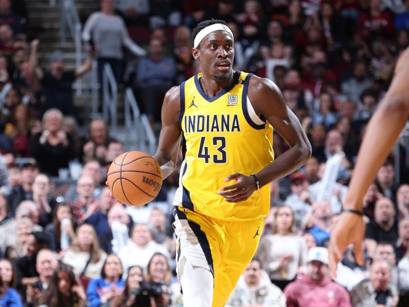 CLEVELAND, OH - APRIL 12: Pascal Siakam #43 of the Indiana Pacers dribbles the ball during the game against the Cleveland Cavaliers on April 12, 2024 at Rocket Mortgage FieldHouse in Cleveland, Ohio. NOTE TO USER: User expressly acknowledges and agrees that, by downloading and/or using this Photograph, user is consenting to the terms and conditions of the Getty Images License Agreement. Mandatory Copyright Notice: Copyright 2024 NBAE (Photo by Jeff Haynes/NBAE via Getty Images)