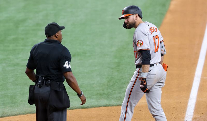 Jul 21, 2024; Arlington, Texas, USA;  Baltimore Orioles center fielder Colton Cowser (17) reacts after striking out during the fourth inning against the Texas Rangers at Globe Life Field. Mandatory Credit: Kevin Jairaj-USA TODAY Sports