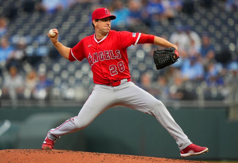 Sep 4, 2025; Kansas City, Missouri, USA; Los Angeles Angels starting pitcher Kyle Hendricks (28) pitches during the first inning against the Kansas City Royals at Kauffman Stadium. Mandatory Credit: Jay Biggerstaff-Imagn Images