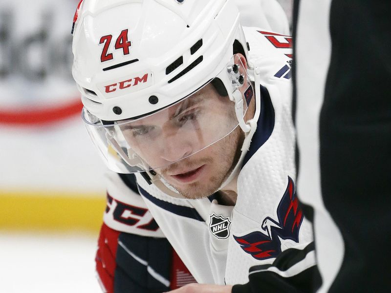 Mar 7, 2024; Pittsburgh, Pennsylvania, USA; Washington Capitals center Connor McMichael (24) eyes the puck on a face-off against the Pittsburgh Penguins during the first period at PPG Paints Arena. The Capitals shutout the Penguins 6-0. Mandatory Credit: Charles LeClaire-USA TODAY Sports