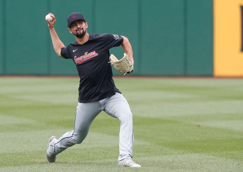 Jul 17, 2023; Pittsburgh, Pennsylvania, USA;  Cleveland Guardians relief pitcher Nick Sandlin (52) throws in the outfield before the game against the Pittsburgh Pirates at PNC Park. Mandatory Credit: Charles LeClaire-USA TODAY Sports