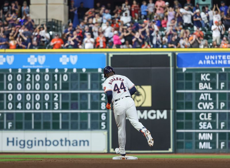 Apr 3, 2024; Houston, Texas, USA; Houston Astros left fielder Yordan Alvarez (44) rounds second base after hitting a home run during the sixth inning against the Toronto Blue Jays at Minute Maid Park. Mandatory Credit: Troy Taormina-USA TODAY Sports