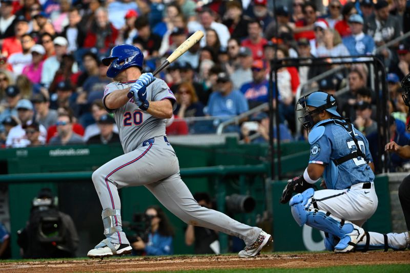 Apr 26, 2025; Washington, District of Columbia, USA; New York Mets first baseman Pete Alonso (20) singles against the Washington Nationals during the third inning at Nationals Park. Mandatory Credit: Brad Mills-Imagn Images