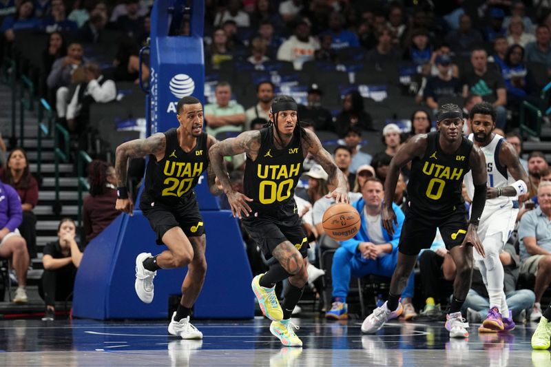 DALLAS, TX - OCTOBER 10: Jordan Clarkson #00 of the Utah Jazz dribbles the ball during the game against the Dallas Mavericks on October 10, 2024 at American Airlines Center in Dallas, Texas. NOTE TO USER: User expressly acknowledges and agrees that, by downloading and or using this photograph, User is consenting to the terms and conditions of the Getty Images License Agreement. Mandatory Copyright Notice: Copyright 2024 NBAE (Photo by Glenn James/NBAE via Getty Images)