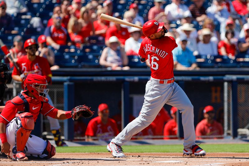 Feb 28, 2023; West Palm Beach, Florida, USA; St. Louis Cardinals first baseman Paul Goldschmidt (46) hits a home run during the first inning against the Washington Nationals at The Ballpark of the Palm Beaches. Mandatory Credit: Sam Navarro-USA TODAY Sports