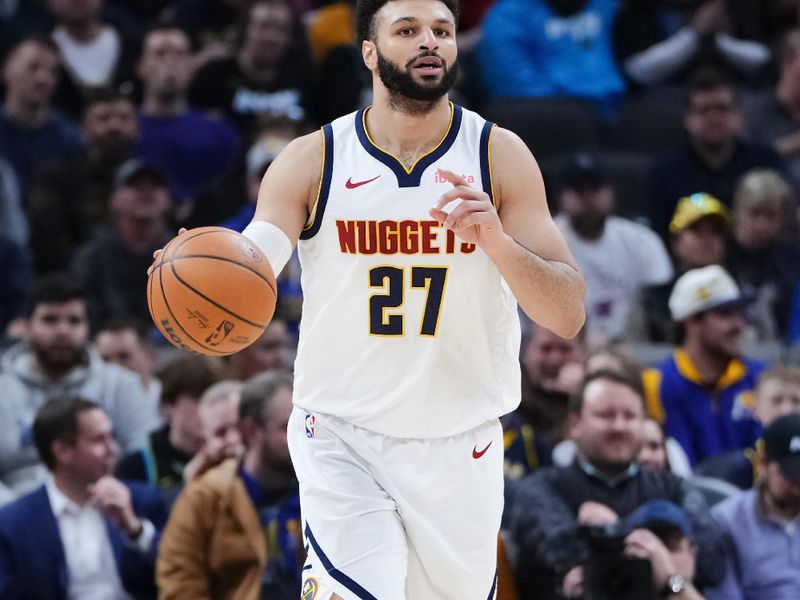 INDIANAPOLIS, INDIANA - JANUARY 23: Jamal Murray #27 of the Denver Nuggets dribbles the ball in the first quarter against the Indiana Pacers at Gainbridge Fieldhouse on January 23, 2024 in Indianapolis, Indiana. NOTE TO USER: User expressly acknowledges and agrees that, by downloading and or using this photograph, User is consenting to the terms and conditions of the Getty Images License Agreement. (Photo by Dylan Buell/Getty Images)