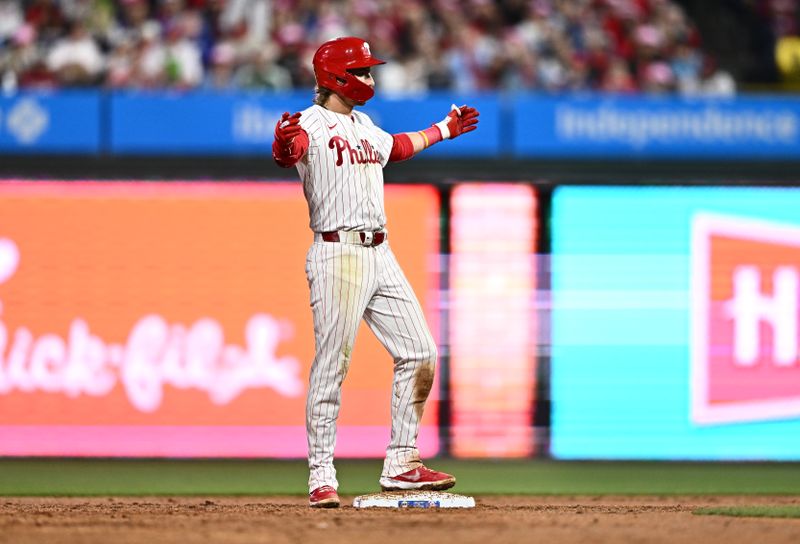 May 5, 2024; Philadelphia, Pennsylvania, USA; Philadelphia Phillies second baseman Bryson Stott (5) reacts after hitting a RBI double against the San Francisco Giants in the third inning at Citizens Bank Park. Mandatory Credit: Kyle Ross-USA TODAY Sports