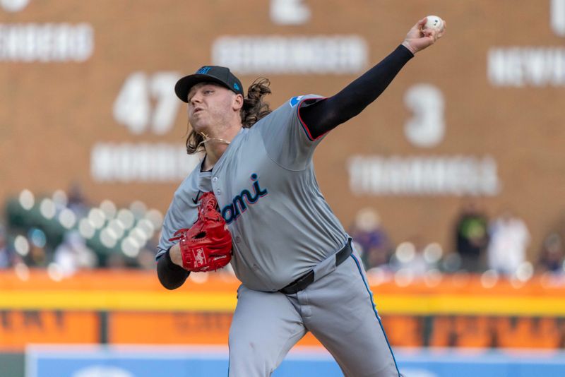 May 14, 2024; Detroit, Michigan, USA; Miami Marlins starting pitcher Ryan Weathers (60) delivers in the first inning against the Detroit Tigers at Comerica Park. Mandatory Credit: David Reginek-USA TODAY Sports