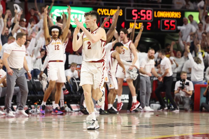 Jan 17, 2023; Ames, Iowa, USA; Iowa State Cyclones guard Caleb Grill (2) celebrates after a basket against the Texas Longhorns during the second half at James H. Hilton Coliseum. Mandatory Credit: Reese Strickland-USA TODAY Sports