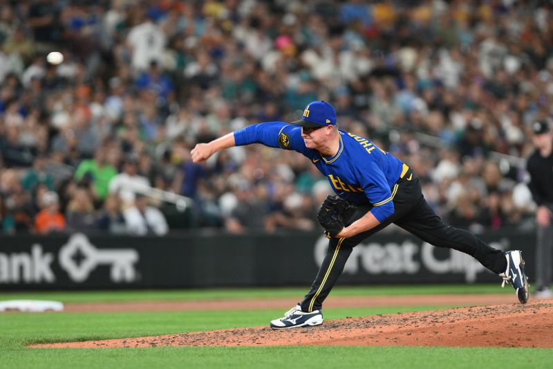 Aug 11, 2023; Seattle, Washington, USA; Seattle Mariners relief pitcher Trent Thornton (46) pitches to the Baltimore Orioles during the ninth inning at T-Mobile Park. Mandatory Credit: Steven Bisig-USA TODAY Sports