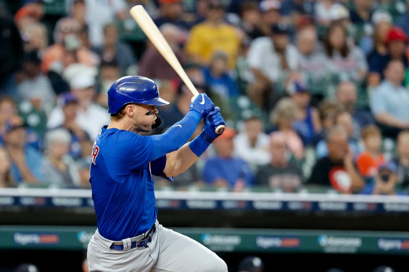 Aug 23, 2023; Detroit, Michigan, USA;  Chicago Cubs second baseman Nico Hoerner (2) hits a single in the third inning against the Detroit Tigers at Comerica Park. Mandatory Credit: Rick Osentoski-USA TODAY Sports