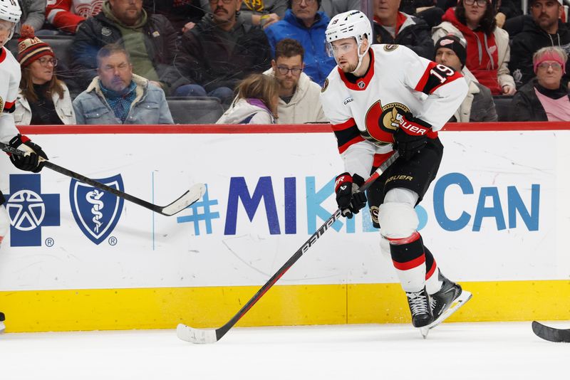 Jan 18, 2026; Detroit, Michigan, USA; Ottawa Senators right wing Drake Batherson (19) skates with the puck in the first period against the Detroit Red Wings at Little Caesars Arena. Mandatory Credit: Rick Osentoski-Imagn Images