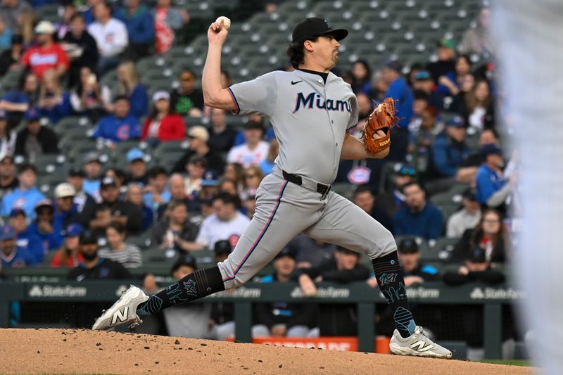 May 12, 2025; Chicago, Illinois, USA;  Miami Marlins pitcher Cal Quantrill (47) delivers against the Chicago Cubs during the first inning at Wrigley Field. Mandatory Credit: Matt Marton-Imagn Images