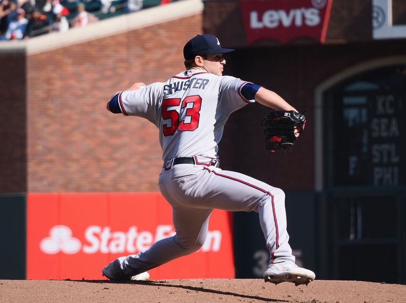 Aug 27, 2023; San Francisco, California, USA; Atlanta Braves starting pitcher Jared Shuster (53) pitches the ball against the San Francisco Giants during the first inning at Oracle Park. Mandatory Credit: Kelley L Cox-USA TODAY Sports