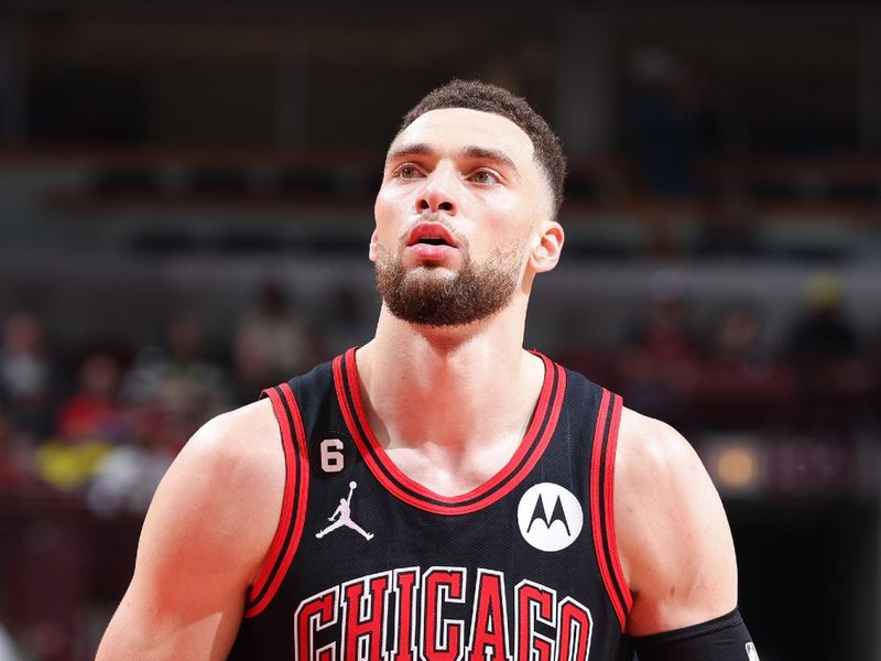 CHICAGO, IL - APRIL 4: Zach LaVine #8 of the Chicago Bulls shoots a free throw during the game against the Atlanta Hawks on April 4, 2023 at United Center in Chicago, Illinois. NOTE TO USER: User expressly acknowledges and agrees that, by downloading and or using this photograph, User is consenting to the terms and conditions of the Getty Images License Agreement. Mandatory Copyright Notice: Copyright 2023 NBAE (Photo by Jeff Haynes/NBAE via Getty Images)